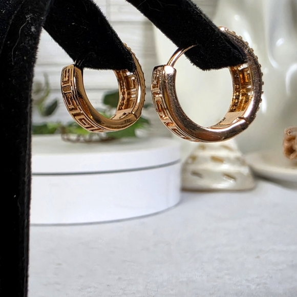 Gold Huggie Hoop Earrings Greek Key Design - Picture 6 of 7